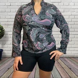Red Hot V Neck Paisley Black Purple Gray Pink 70s Long Sleeve Blouse size M
